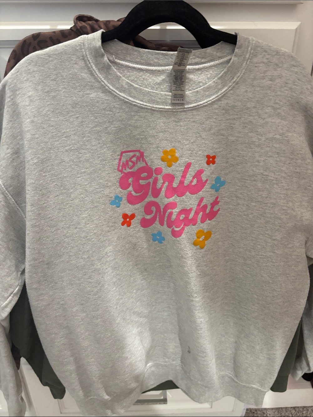 Gildan Light Gray Sweatshirt with Pink Script & Blue, Yellow Floral Accents